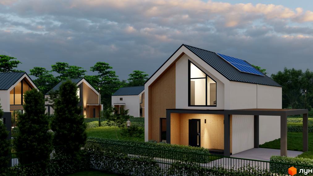 Котеджне містечко Norway Village: сучасні будинки з сонячними панелями та доглянутою прибудинковою територією. Зелені насадження та паркан створюють затишну атмосферу.