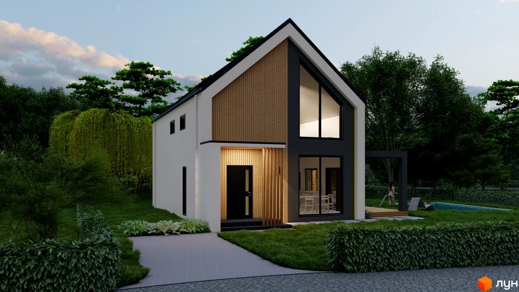 Котеджне містечко Norway Village: двоповерховий будинок з панорамними вікнами та дерев'яними елементами фасаду, поруч басейн та зелена прибудинкова територія.