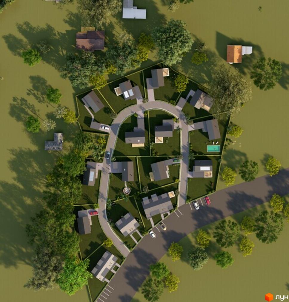 Котеджне містечко Norway Village з будинками сірих та коричневих кольорів, розташоване на зеленій ділянці з деревами та доглянутою прибудинковою територією.