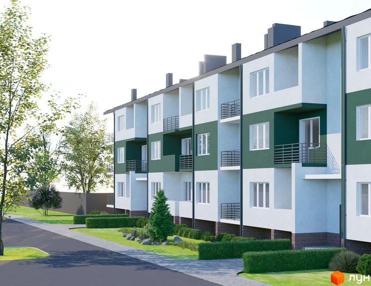 Фасад житлового комплексу Good Home з зеленими та білими секціями, балконами та вікнами, поруч доглянута прибудинкова територія з деревами та кущами.