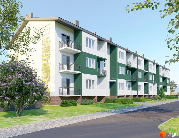 Зовнішній вигляд новобудови ЖК Good Home з балконами та зеленими насадженнями. Зовнішній вигляд будинку з фасадом у біло-зелених тонах та прибудинкова територія з деревами та кущами.