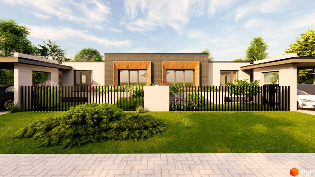 Сучасний дуплекс LAKESIDE з двома входами, огородженою територією та зеленим газоном. Навколо будинку розташовані дерева та квіти, а перед ним видно доріжку з плитки.