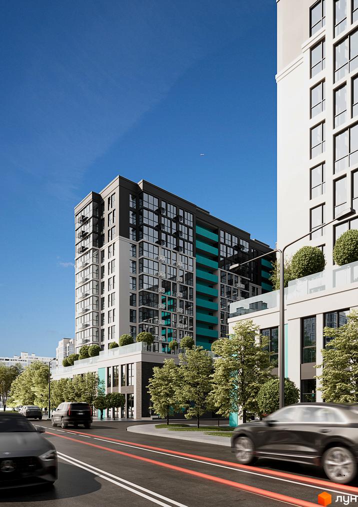 Зовнішній вигляд новобудови ЖК Смарт Сіті 3 з автомобілями на дорозі та деревами навколо. Будівельний проєкт з багатоповерховими будинками та скляними фасадами.