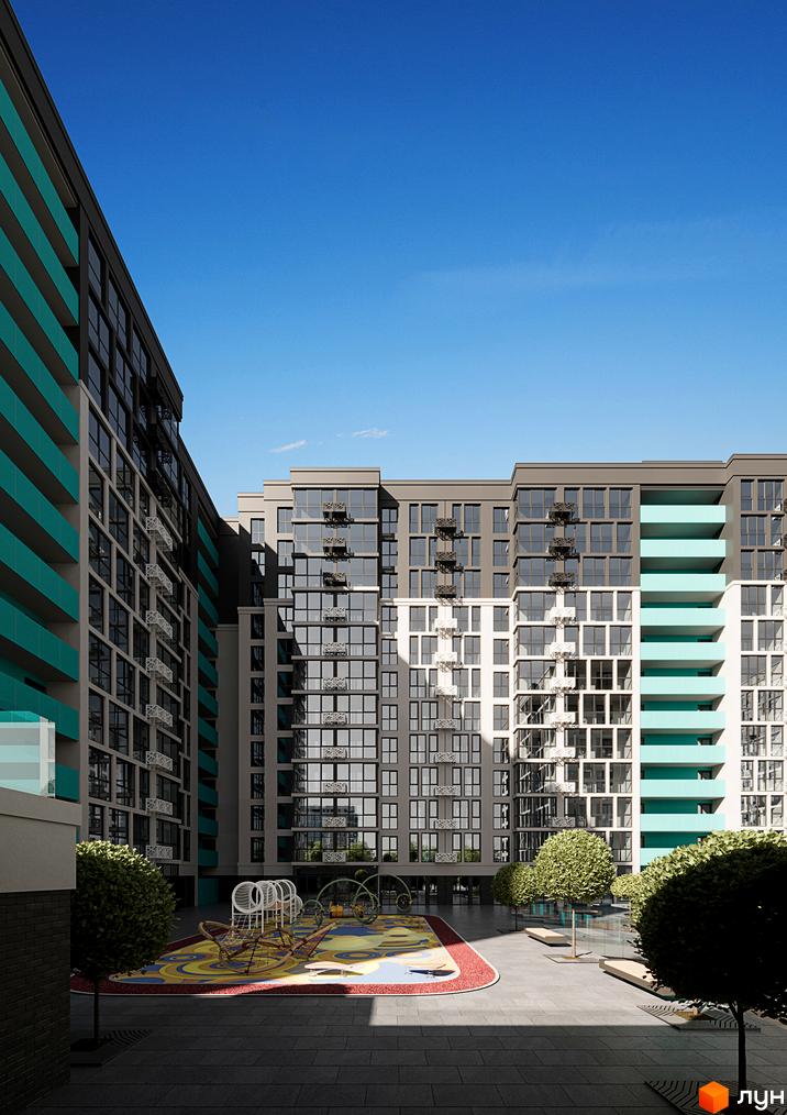 Житловий комплекс Смарт Сіті 3 з яскравими балконами та дитячим майданчиком у дворі. Сучасна архітектура та зелені насадження створюють комфортне середовище для життя.