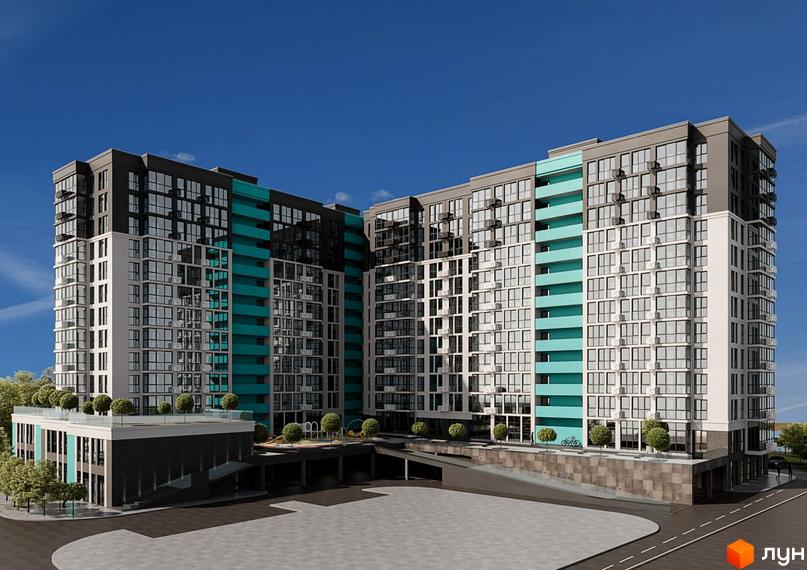 Житловий комплекс Смарт Сіті 3 – це багатоповерхова новобудова з панорамними вікнами та бірюзовими елементами фасаду. Територія навколо будинку має зелені насадження та зону відпочинку.