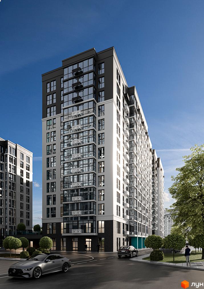 Житловий комплекс Смарт Сіті 3: фасад будівлі з панорамними вікнами та балконами, поруч дорога з автомобілем та зелені насадження.