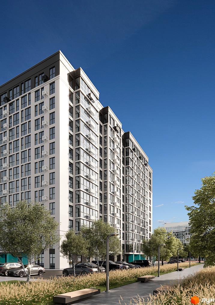 Зовнішній вигляд ЖК Смарт Сіті 3 з білою фасадною частиною та скляними балконами, прибудинкова територія з деревами та парковкою.