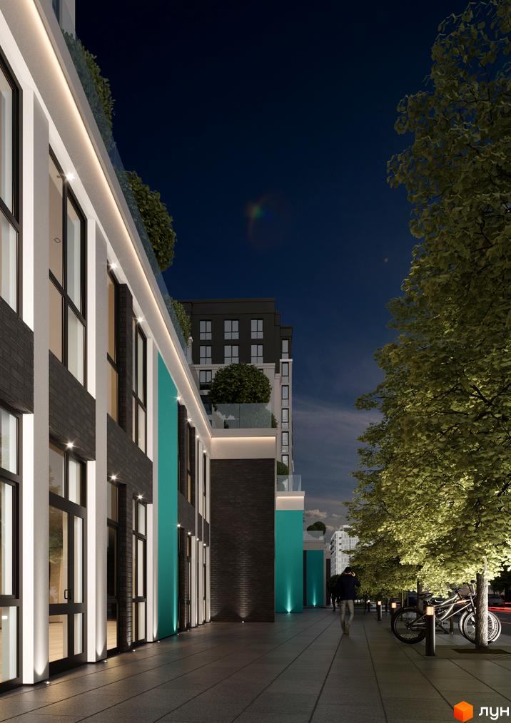 Житловий комплекс Смарт Сіті 3 з фасадами з білої штукатурки, чорної цегли та бірюзових елементів. Прибудинкова територія з деревами та освітленням.