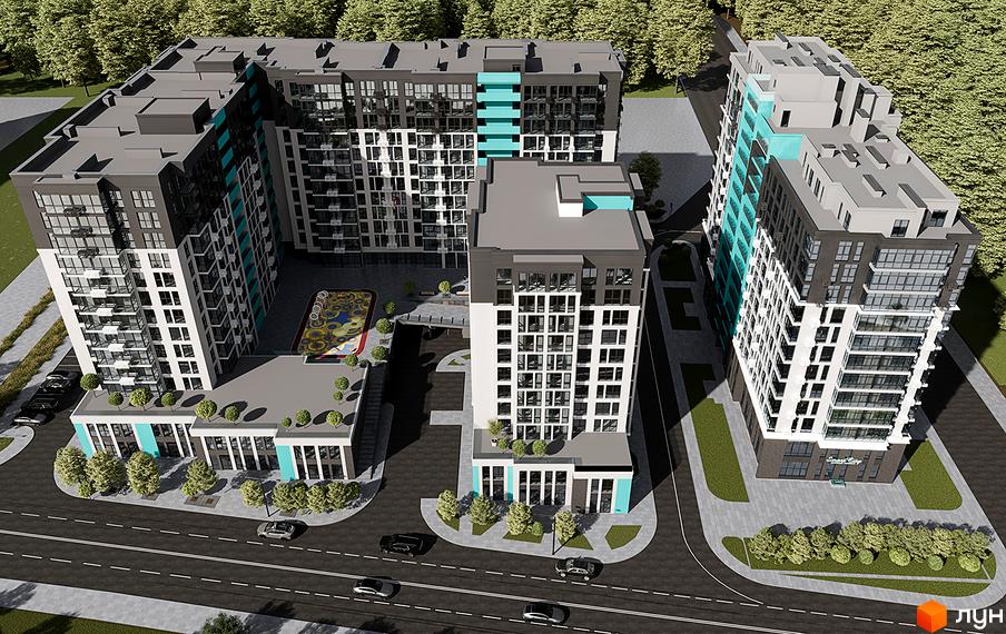 Зовнішній вигляд новобудови ЖК Smart City 3 з прибудинковою територією, дитячим майданчиком та дорогою.