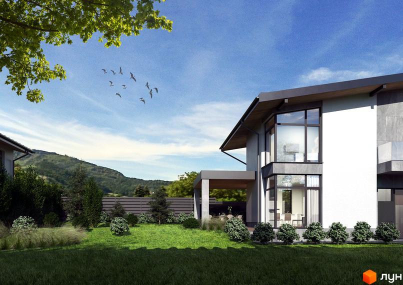 Котеджне містечко Буковий Гай 2. Двоповерховий будинок з великими вікнами, терасою та газоном. На тлі зелені та гір видніється блакитне небо.