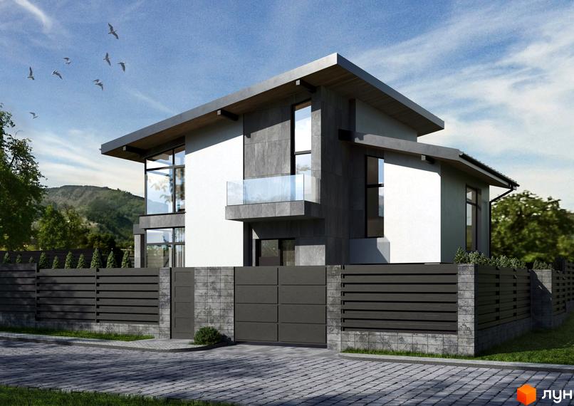 Двоповерховий будинок з великими вікнами та терасою. Перед будинком розташований паркан та ворота, викладена бруківка.