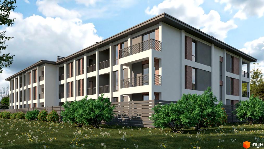 Зображення фасаду будівлі ЖК Marseille з балконами та вікнами. На передньому плані зелені кущі та газон з квітами, за ними паркан.