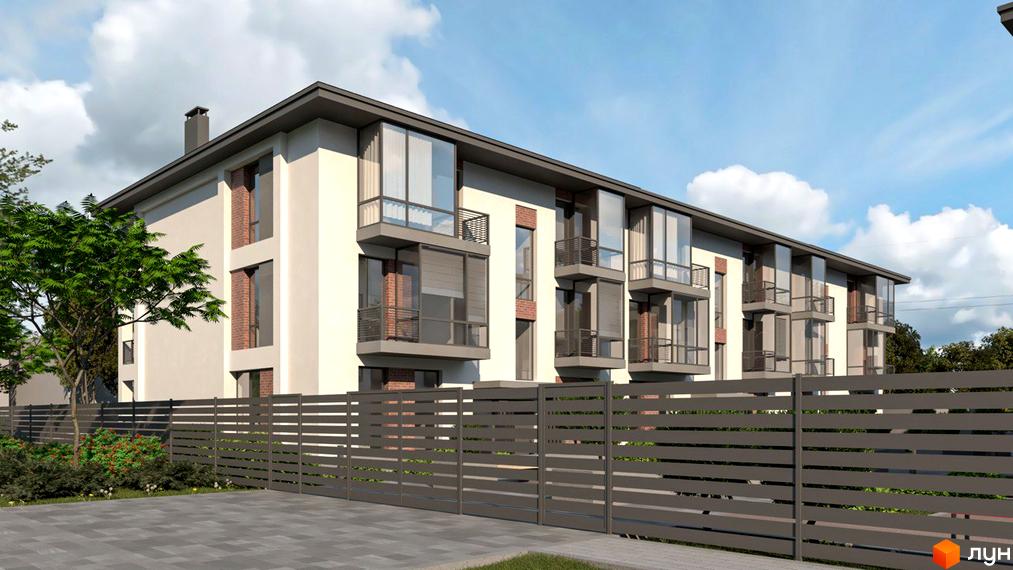 Зовнішній вигляд будинку ЖК Marseille з балконами та огородженням. Прибудинкова територія з деревами та парканом.