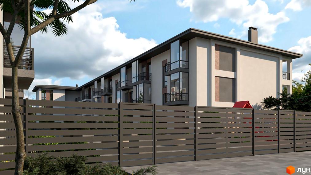 Зовнішній вигляд будинку ЖК Marseille з великими вікнами та балконами, огороджений парканом. На передньому плані зелені насадження.