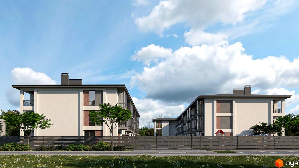 Зображення сторінки ЖК Marseille. Двоповерхові будинки з плоскими дахами, великими вікнами та балконами, огороджені парканом, на території є зелені насадження.