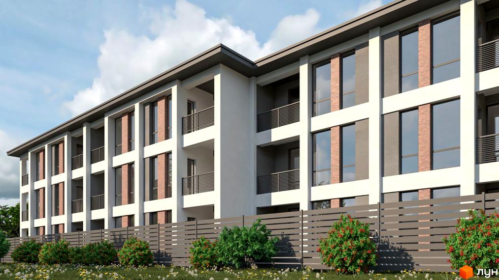 Зовнішній вигляд будинку ЖК Marseille з білими фасадами, вікнами та балконами. На передньому плані паркан та зелені насадження.