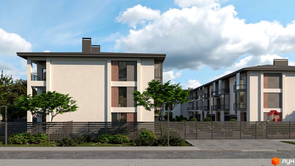 Житловий комплекс Marseille з білими фасадами, панорамними вікнами та цегляними вставками. На території є зелені насадження та огорожа.