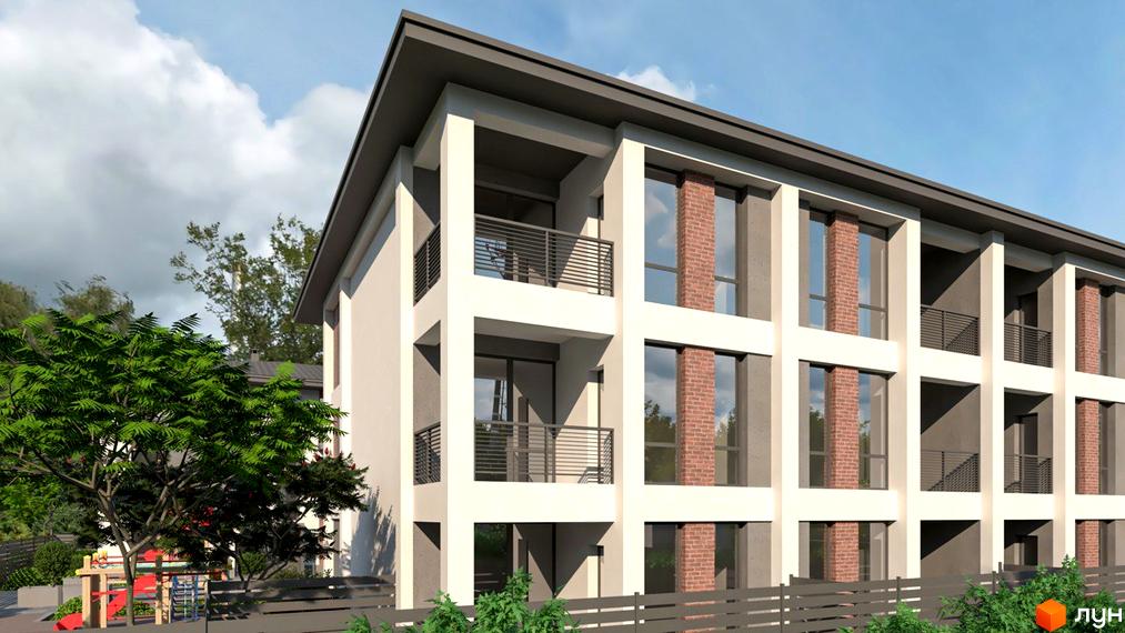 Триповерховий будинок з балконами та великими вікнами. На прибудинковій території є зелені насадження та дитячий майданчик. ЖК Marseille.