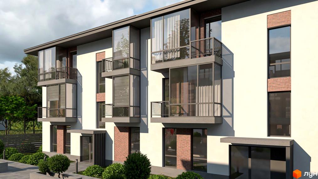 Зовнішній вигляд будинку ЖК Marseille з великими вікнами та балконами. На прибудинковій території зелені насадження та доріжки.