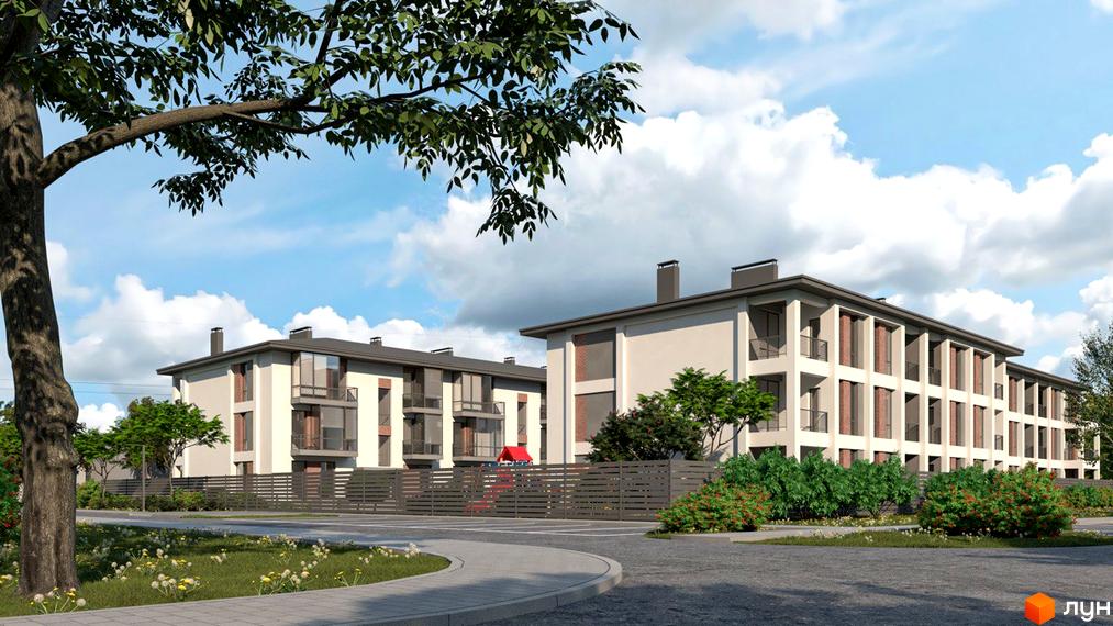 Двоповерховий будинок Житлового комплексу Marseille з балконами та терасами, огороджений парканом. На території комплексу зелені насадження та доріжки.