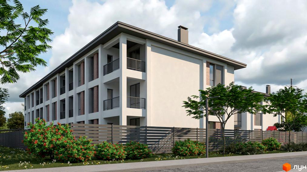 Триповерховий будинок з балконами та вікнами, огороджений парканом. На території ростуть кущі з червоними ягодами та дерева.