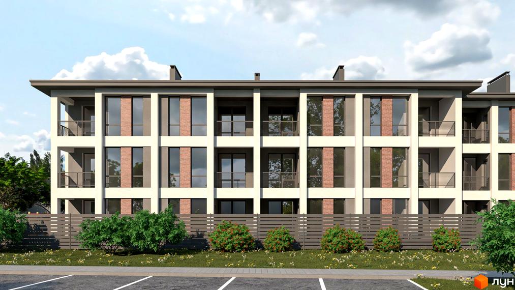 Зображення фасаду будинку ЖК Marseille з великими вікнами, балконами та цегляними вставками. Перед будинком парковка, газон та кущі.