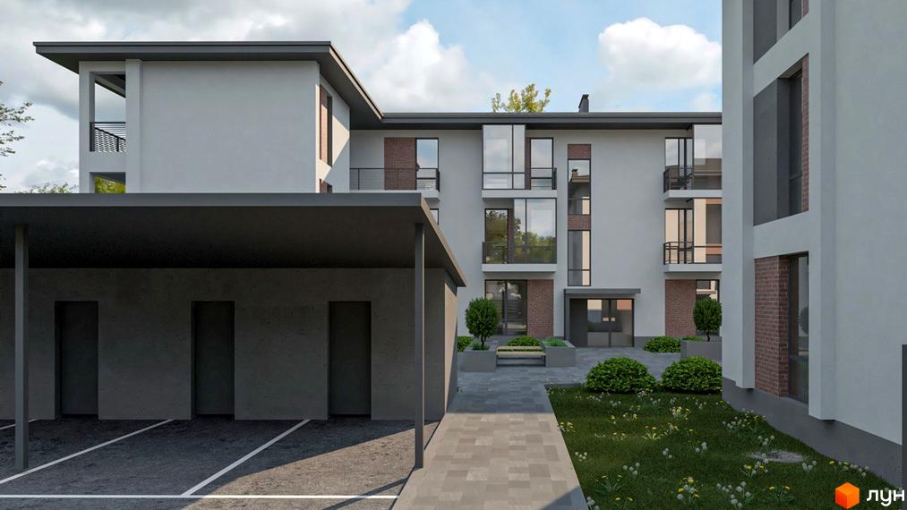 Зовнішній вигляд будинку Житловий комплекс Marseille з білими стінами та великими вікнами. На прибудинковій території газон та доріжки з бруківки.