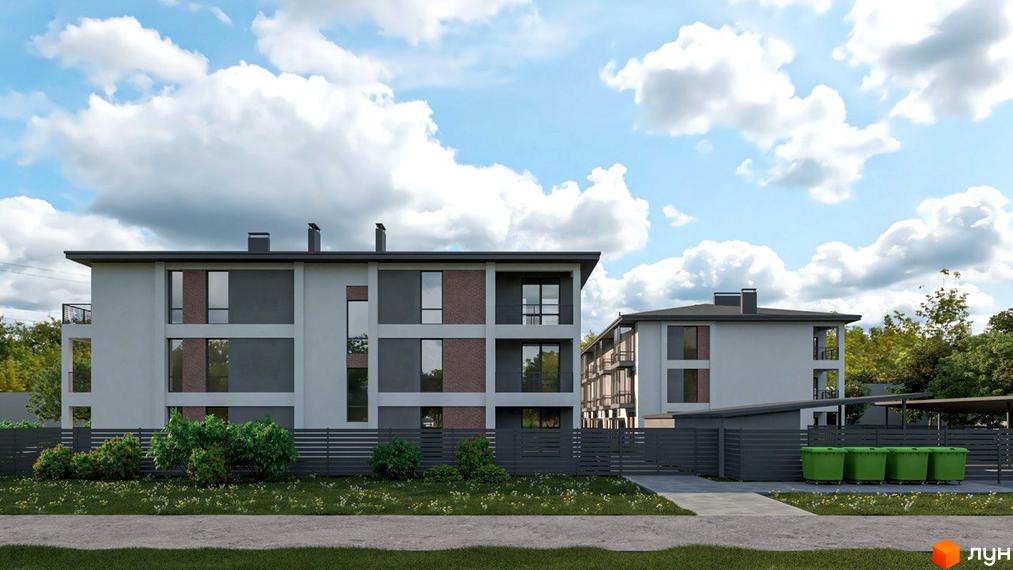 Зображення фасаду будинку Житловий комплекс Marseille з великими вікнами та балконами, огороджений парканом з зеленими насадженнями.