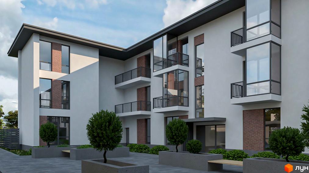 Зовнішній вигляд будинку ЖК Marseille з білими стінами, великими вікнами та балконами. На території комплексу розташовані зелені насадження та лавки.