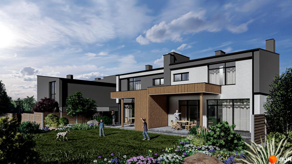 Котеджне містечко Горішній: двоповерхові будинки з великими вікнами та терасами, зелений газон з деревами та квітами, діти граються з собакою.