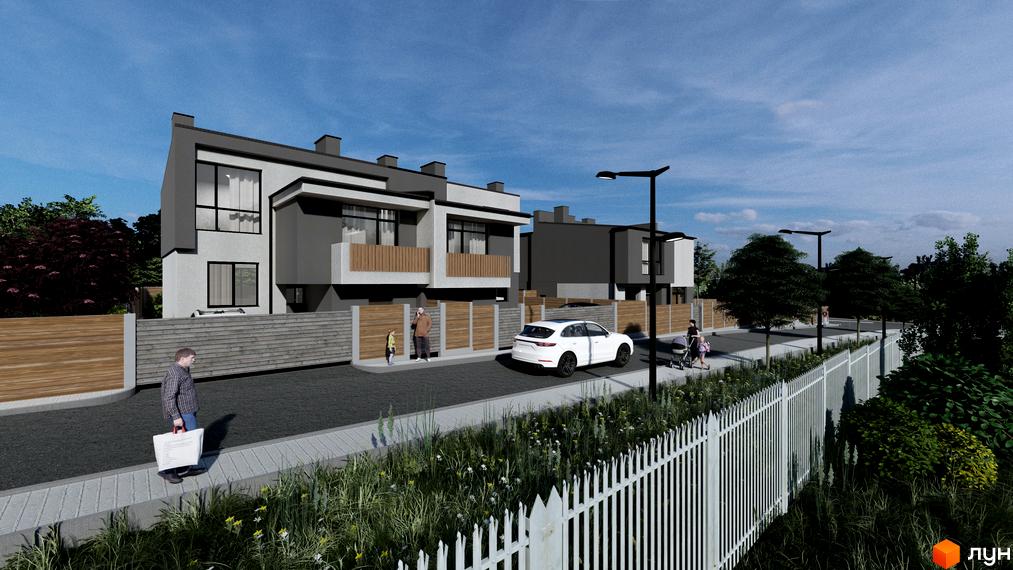 Котеджне містечко КМ Горішній: сучасні будинки з дерев'яними парканами та доглянутою прибудинковою територією з газоном та парканом.