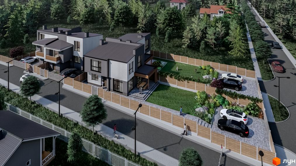 Котеджне містечко Горішній: триповерхові будинки з пласкими дахами, великими вікнами та індивідуальними подвір'ями з зеленими зонами та парковками.