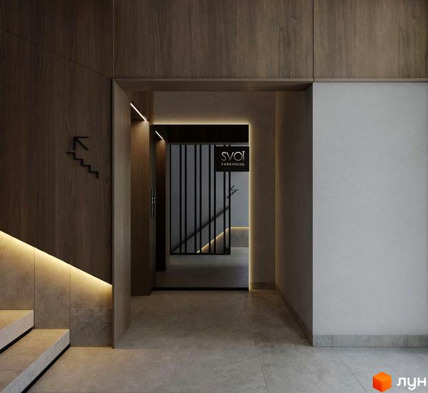 Інтер'єр холу ЖК SVOЇ PARKHOUSE з дерев'яним оздобленням та підсвічуванням. Вхід до будинку з дизайном у спокійних тонах.