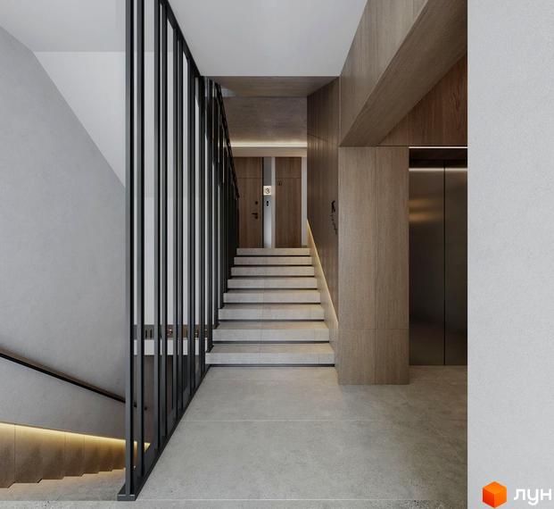 Інтер'єр холу в Будівельний проєкт SVOЇ PARKHOUSE з дерев'яним оздобленням, сходами та ліфтом. Світле приміщення з лаконічним дизайном.