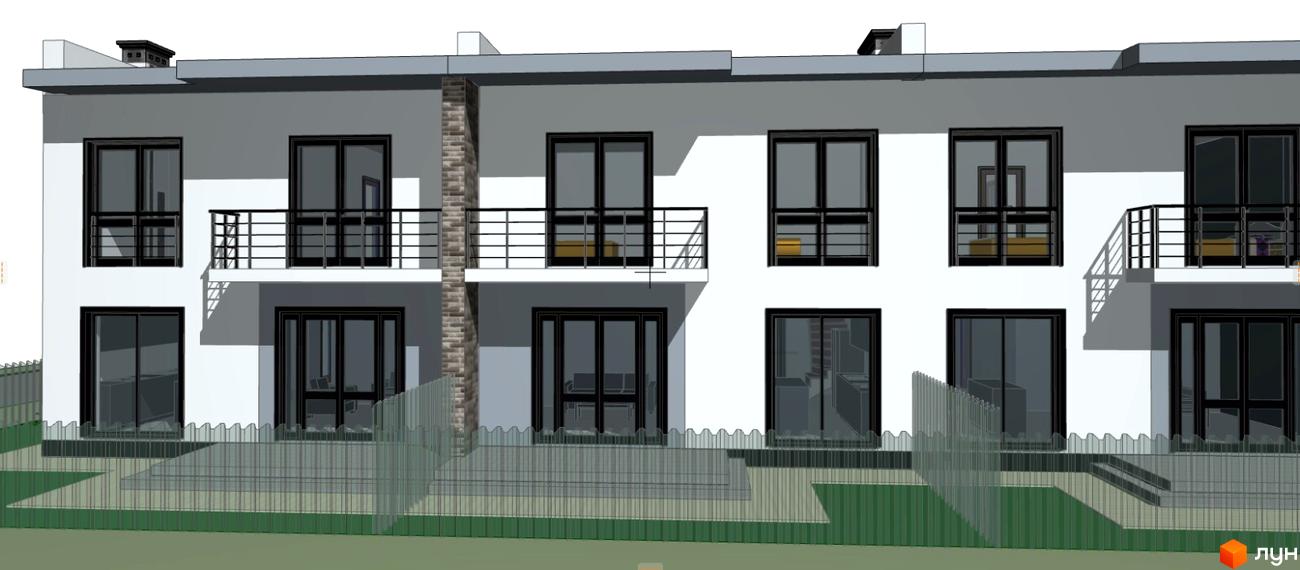 Зовнішній вигляд таунхаусів EffectHOME 12 з великими вікнами та балконами. Перед будинками розташована огорожа та зелена зона.