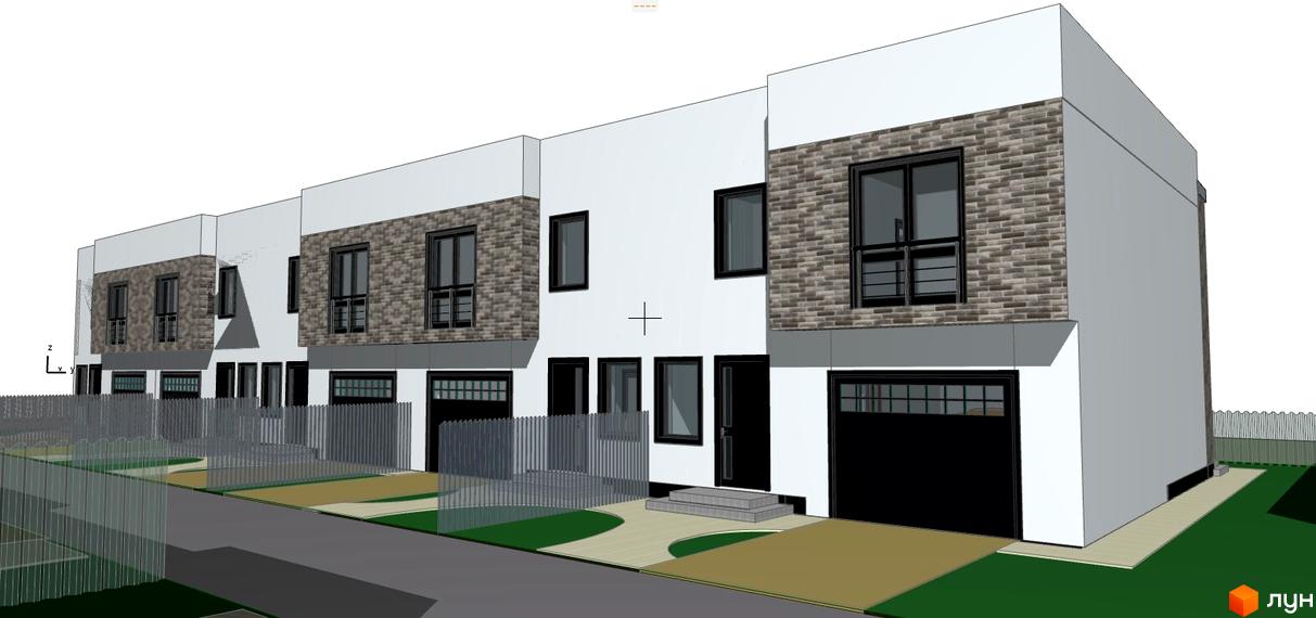 Зовнішній вигляд таунхаусів EffectHOME 12 з цегляним фасадом та гаражними воротами. Прибудинкова територія з парканом та зеленими насадженнями.