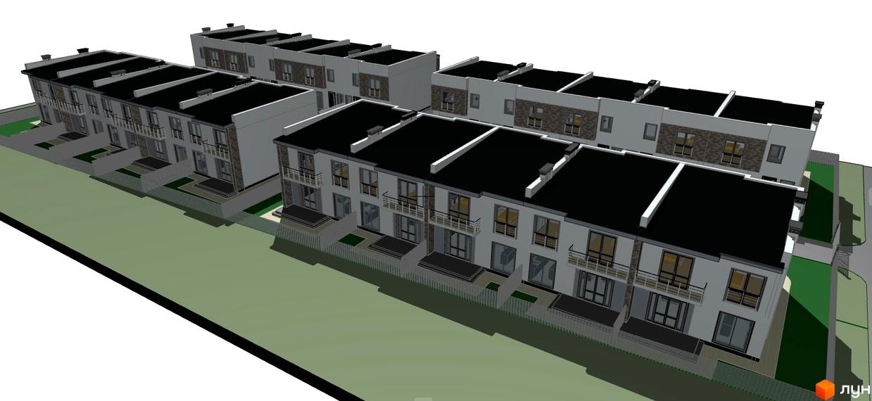 Зовнішній вигляд таунхаусів EffectHOME 12 з чорними дахами, балконами та сірими фасадами. Навколо будинків розташована зелена прибудинкова територія з парканом.