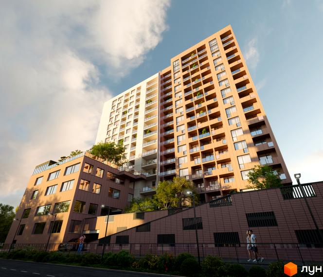 Новобудова ЖК AUROOM AIR з білою та бежевою облицовкою, балконами та зеленими насадженнями. Територія навколо будинку облаштована доріжками та зонами відпочинку.