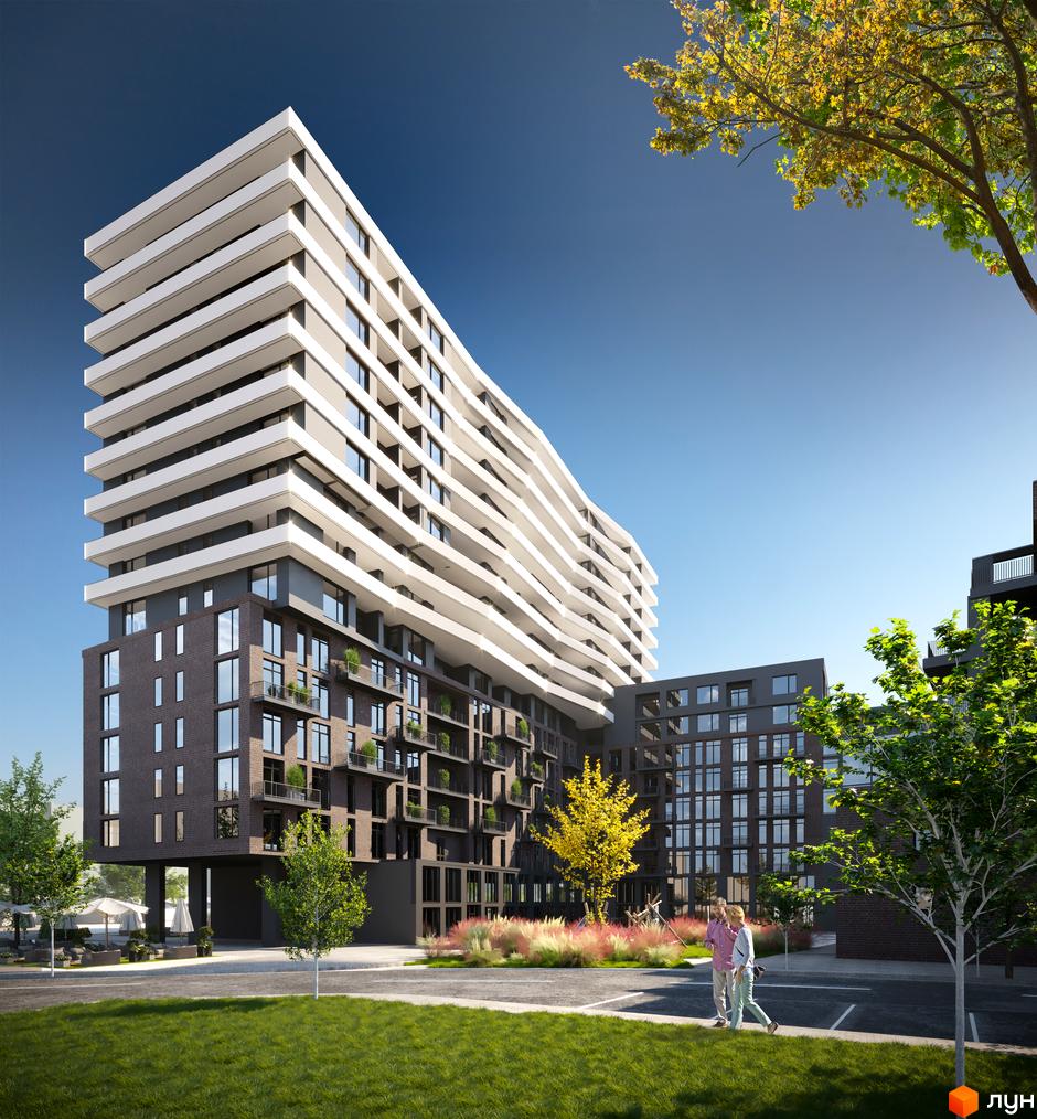 Житловий комплекс AUROOM SOLAR з вигнутим фасадом та білими балконами, що оточує зелену прибудинкову територію з деревами та людьми.