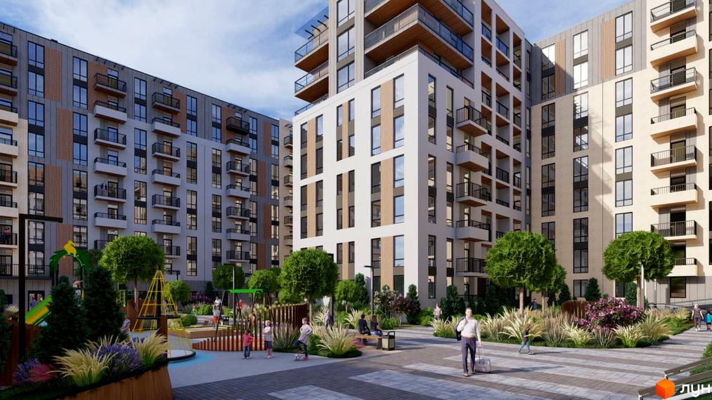 Житловий комплекс КОРОНА з сучасними будинками та доглянутою прибудинковою територією з дитячим майданчиком та зонами відпочинку.