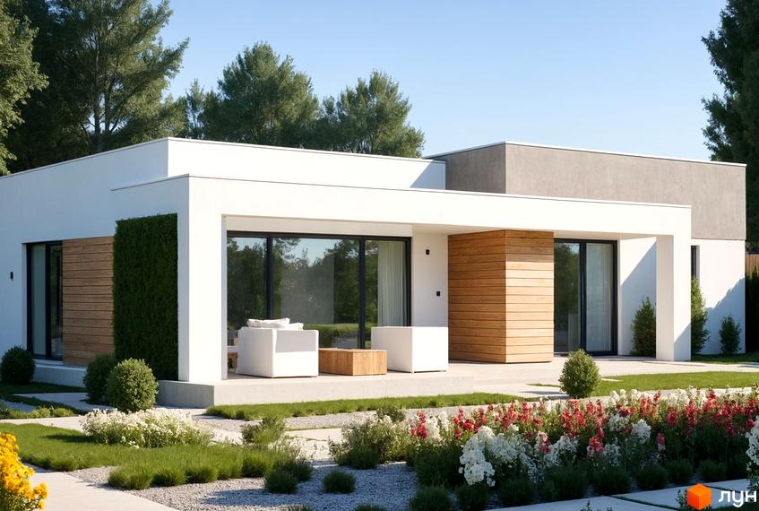 Котеджне містечко Gross Liebental: одноповерховий будинок з білими стінами, дерев'яними елементами та великими вікнами. Навколо зелений газон, квіти та зона відпочинку.