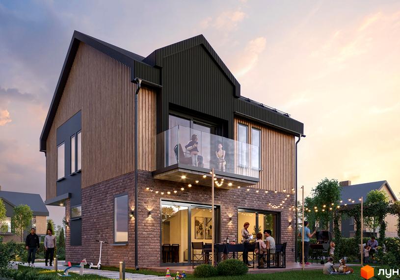 Котеджне містечко Gross Liebental: двоповерховий будинок з комбінованим фасадом з цегли та дерева, має балкон. На подвір'ї люди відпочивають.