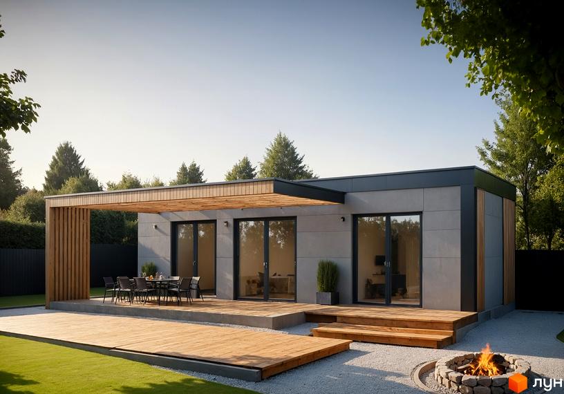 Зображення будинку в Котеджному містечку Gross Liebental з терасою та зоною відпочинку. Ландшафтний дизайн подвір'я з газоном і місцем для вогнища.