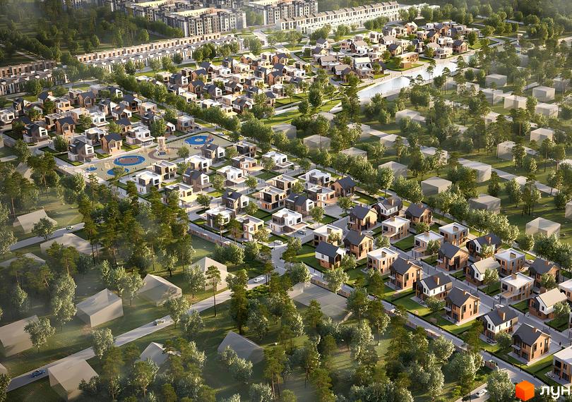 Аерофотографія Котеджного містечка Gross Liebental з приватними будинками, зеленими зонами, дитячими майданчиками та водоймою.