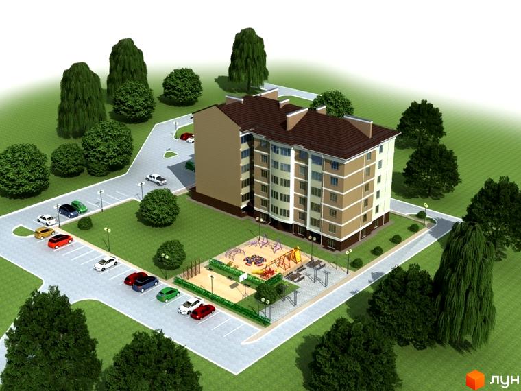 Житловий комплекс Сімейний: п'ятиповерховий будинок світло-бежевого кольору з коричневим дахом, поруч дитячий майданчик та парковка з автомобілями.