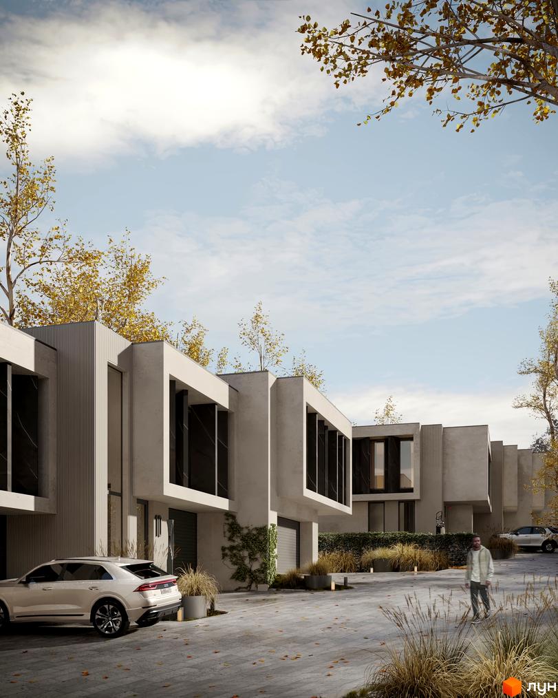 Котеджне містечко КМ SHERWOOD. Зовнішній вигляд будинків з великими вікнами та гаражними воротами. Прибудинкова територія з автомобілем та зеленими насадженнями.