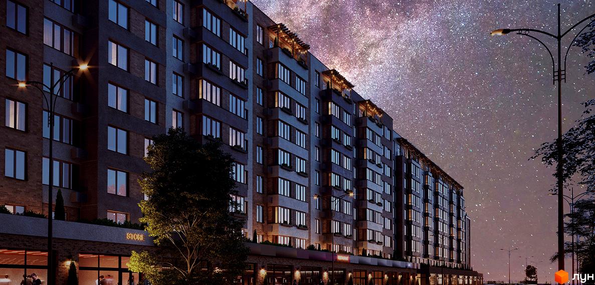 Житловий район Сади Рів'єри. Фасад багатоповерхового будинку з цегляним оздобленням та великою кількістю вікон на тлі зоряного неба. Біля будинку є вуличне освітлення та дерева.