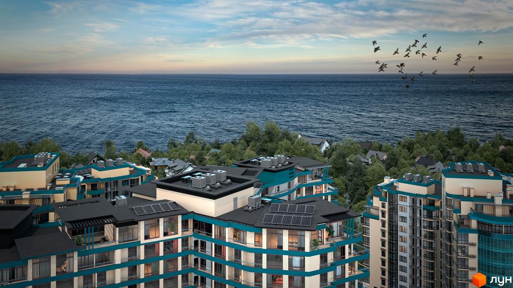 Житловий комплекс Aqua Marine з видом на море. Сучасна архітектура з балконами та сонячними панелями на даху.