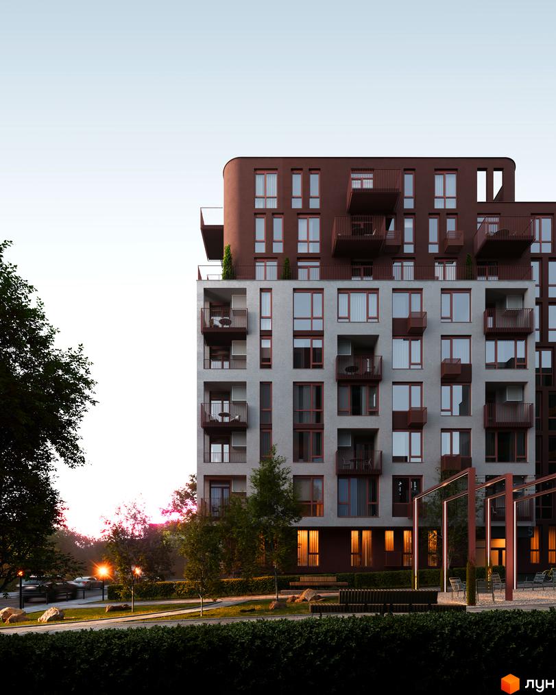 Житловий комплекс Avalon Terra: фасади будівлі з балконами та вікнами, прибудинкова територія з ландшафтним дизайном та зонами відпочинку.
