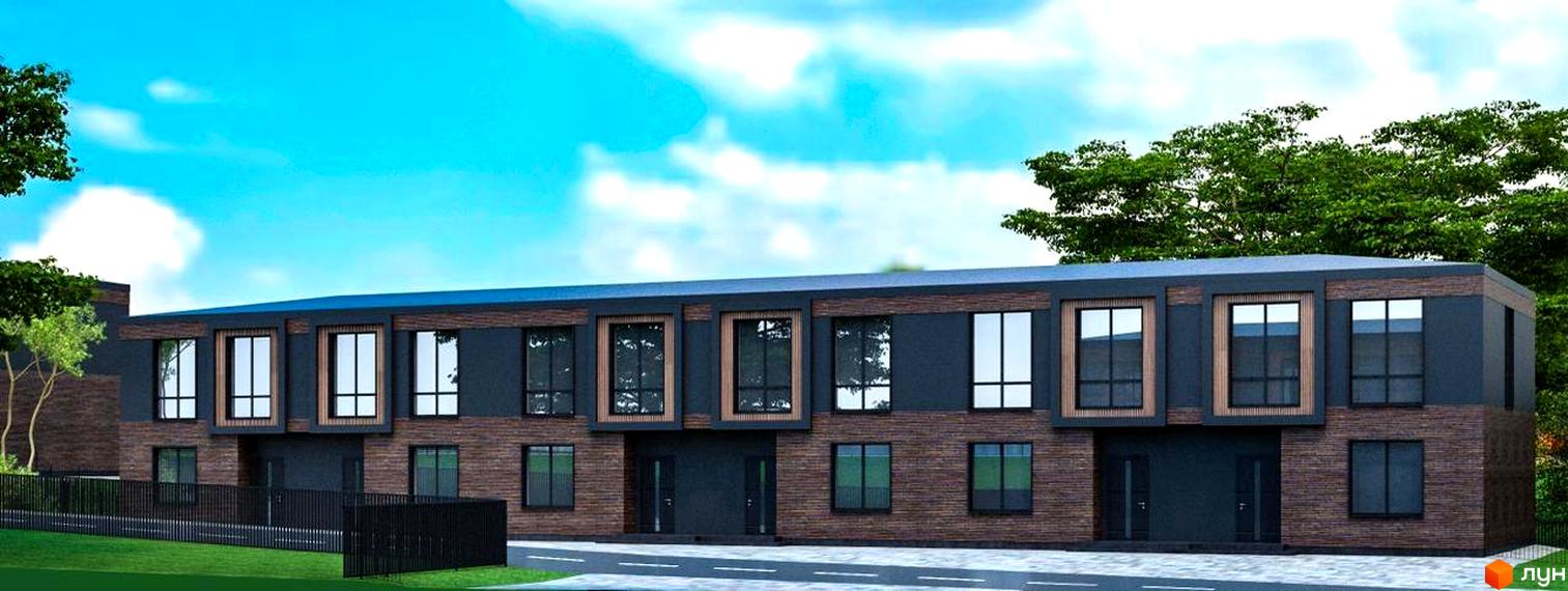 Зовнішній вигляд будинку котеджного містечка Garden Village Sofia з великими вікнами та цегляними елементами. Поруч розташована зелена зона та паркан.